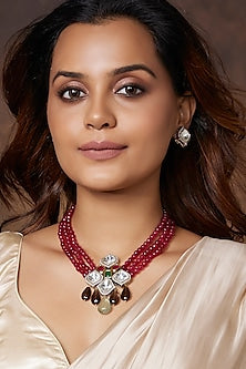 Gold Finish Kundan Polki & Red Agate Bead Necklace Set