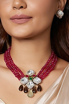 Gold Finish Kundan Polki & Red Agate Bead Necklace Set