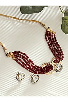 Gold Finish Kundan Polki & Red Agate Bead Choker Necklace Set