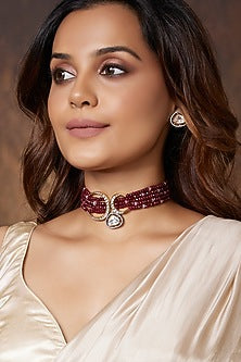 Gold Finish Kundan Polki & Red Agate Bead Choker Necklace Set