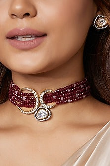 Gold Finish Kundan Polki & Red Agate Bead Choker Necklace Set