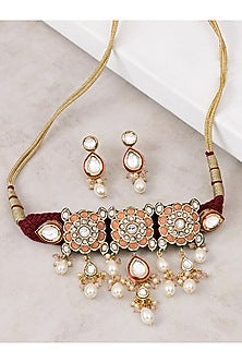 Gold Finish Kundan Polki Peach Enamelled Choker Necklace Set