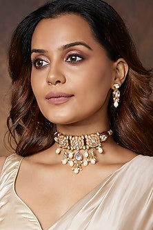 Gold Finish Kundan Polki Peach Enamelled Choker Necklace Set