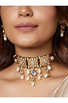 Gold Finish Kundan Polki Peach Enamelled Choker Necklace Set
