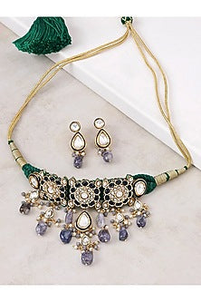Gold Finish Polki & Blue Quartz Enamelled Choker Necklace