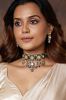 Gold Finish Polki & Blue Quartz Enamelled Choker Necklace