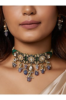Gold Finish Polki & Blue Quartz Enamelled Choker Necklace