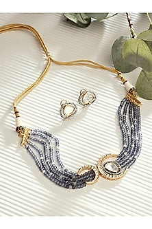 Gold Finish Blue Agate Bead & Polki Choker Necklace Set