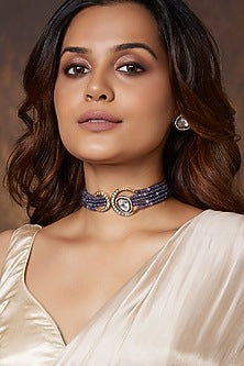 Gold Finish Blue Agate Bead & Polki Choker Necklace Set