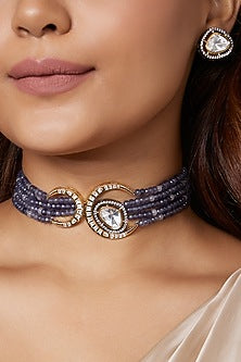 Gold Finish Blue Agate Bead & Polki Choker Necklace Set