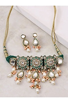 Gold Finish Kundan Polki & Green Enamelled Choker Necklace Set