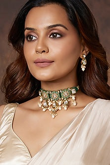 Gold Finish Kundan Polki & Green Enamelled Choker Necklace Set