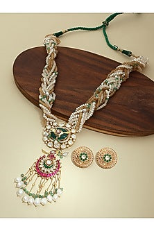 Gold Finish Multi-Colored Agate & Motif Long Pendant Necklace Set