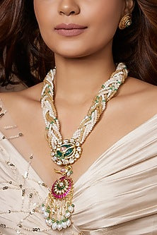 Gold Finish Multi-Colored Agate & Motif Long Pendant Necklace Set