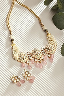 Gold Finish Polki & Pink Quartz Drop Necklace Set