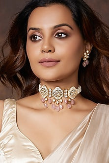 Gold Finish Polki & Pink Quartz Drop Necklace Set