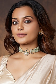 Gold Finish Green Beaded Choker Necklace Set