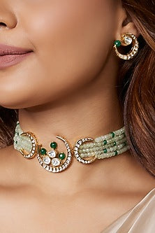 Gold Finish Green Beaded Choker Necklace Set