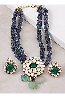 Gold Finish Kundan Polki Pendant Necklace Set