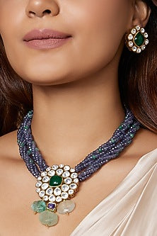 Gold Finish Kundan Polki Pendant Necklace Set