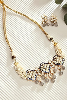 Gold Finish Blue Enameled Choker Necklace Set