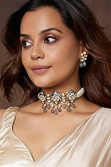 Gold Finish Blue Enameled Choker Necklace Set