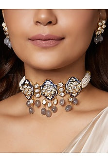 Gold Finish Blue Enameled Choker Necklace Set