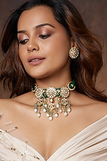 Gold Finish Kundan Polki Choker Necklace Set
