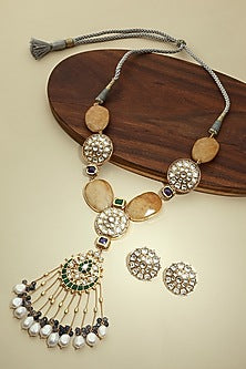 Gold Finish Kundan Polki Pendant Necklace Set