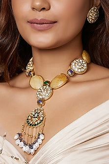 Gold Finish Kundan Polki Pendant Necklace Set