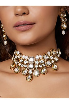 Gold Finish Kundan Polki Choker Necklace Set