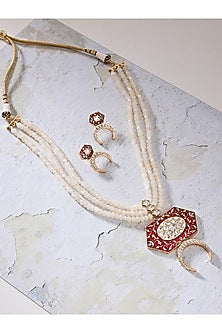 Gold Finish Red Enameled Pendant Necklace Set