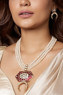 Gold Finish Red Enameled Pendant Necklace Set