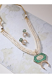 Gold Finish Green Enameled Pendant Necklace Set