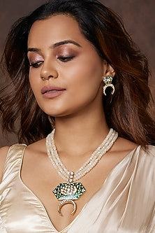 Gold Finish Green Enameled Pendant Necklace Set