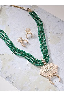 Gold Finish Green Beaded Pendant Necklace Set