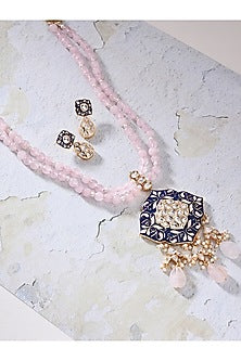 Gold Finish Pink Beaded Pendant Necklace Set