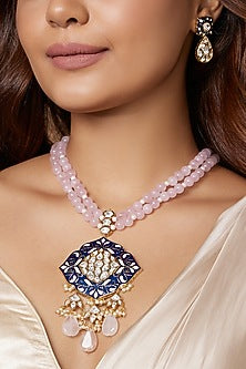 Gold Finish Pink Beaded Pendant Necklace Set