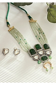 Gold Finish Green Beaded Pendant Necklace Set