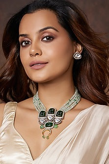 Gold Finish Green Beaded Pendant Necklace Set