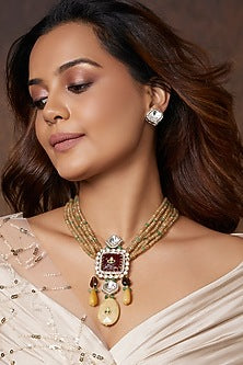 Gold Finish Kundan Polki Handcrafted Necklace Set