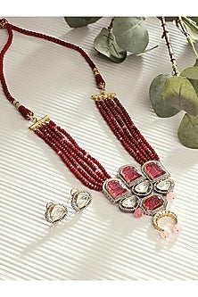 Gold Finish Red Agate Bead Necklace Set
