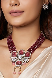 Gold Finish Red Agate Bead Necklace Set