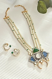 Gold Finish White Pearl & Kundan Polki Necklace Set