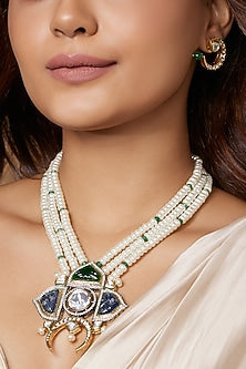 Gold Finish White Pearl & Kundan Polki Necklace Set