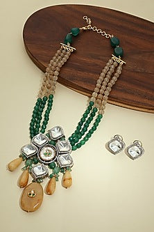 Gold Finish Green & Beige Beaded Necklace Set