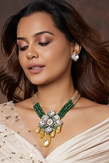 Gold Finish Green & Beige Beaded Necklace Set