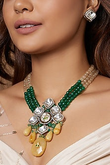 Gold Finish Green & Beige Beaded Necklace Set