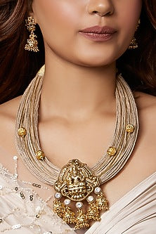 Gold Finish Polki Temple Pendant Necklace Set