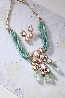 Gold Finish Green Kundan Polki Necklace Set